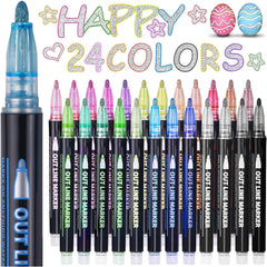 24 Glitter Pens Outline Marker Pens, Arts and Crafts, Art Supplies Colouring Pens for Christmas & Birthday Presents, , Stocking Fillers Gifts