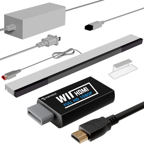 4 in 1 Wii Replacement Cables Set, PORTHOLIC Wii AC Power Adapter + Wii to hdmi Converter+ Wired Motion Sensor Bar and Composite Audio Video Cable for Nintendo Wii