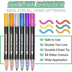 24 Glitter Pens Outline Marker Pens, Arts and Crafts, Art Supplies Colouring Pens for Christmas & Birthday Presents, , Stocking Fillers Gifts