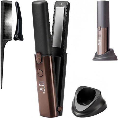 Cordless Hair Straightener and Curler, 2 in 1 Portable Flat Iron with Charging Dock, 4000mAh Rechargeable Battery, 4 Adjustable Temps 284°F-428°F