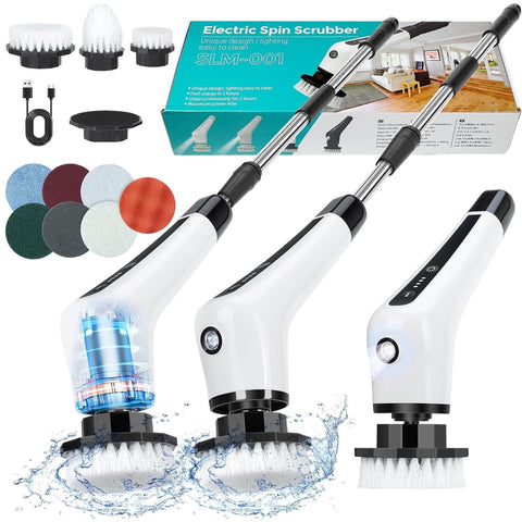 Electric Spin Scrubber, Cordless Spin Scrubber with Light, Adjustable Extension Handle for Bathtub Grout Tile Floor with 10 Replaceable Cleaner Brush